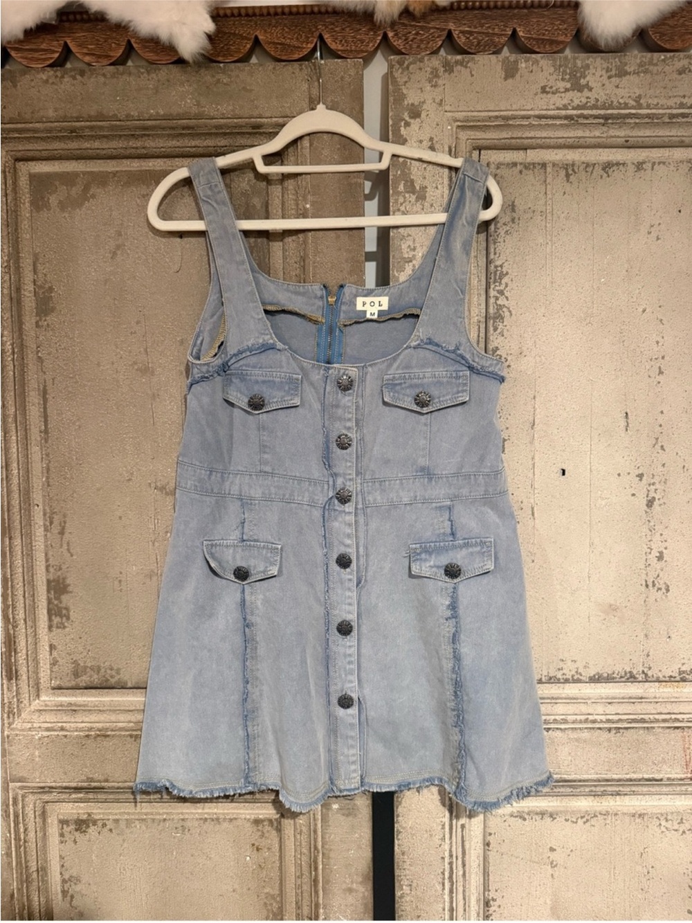New: POL Light Blue Denim Button-Front Overall Mini Dress• Medium